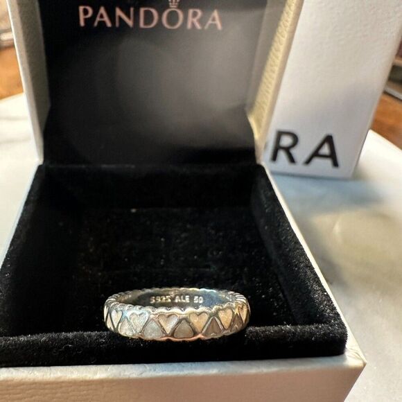 Authentic Pandora Pink Enamel Heart Stackable Ring Size 50 5, #190973 Retired - Picture 1 of 3